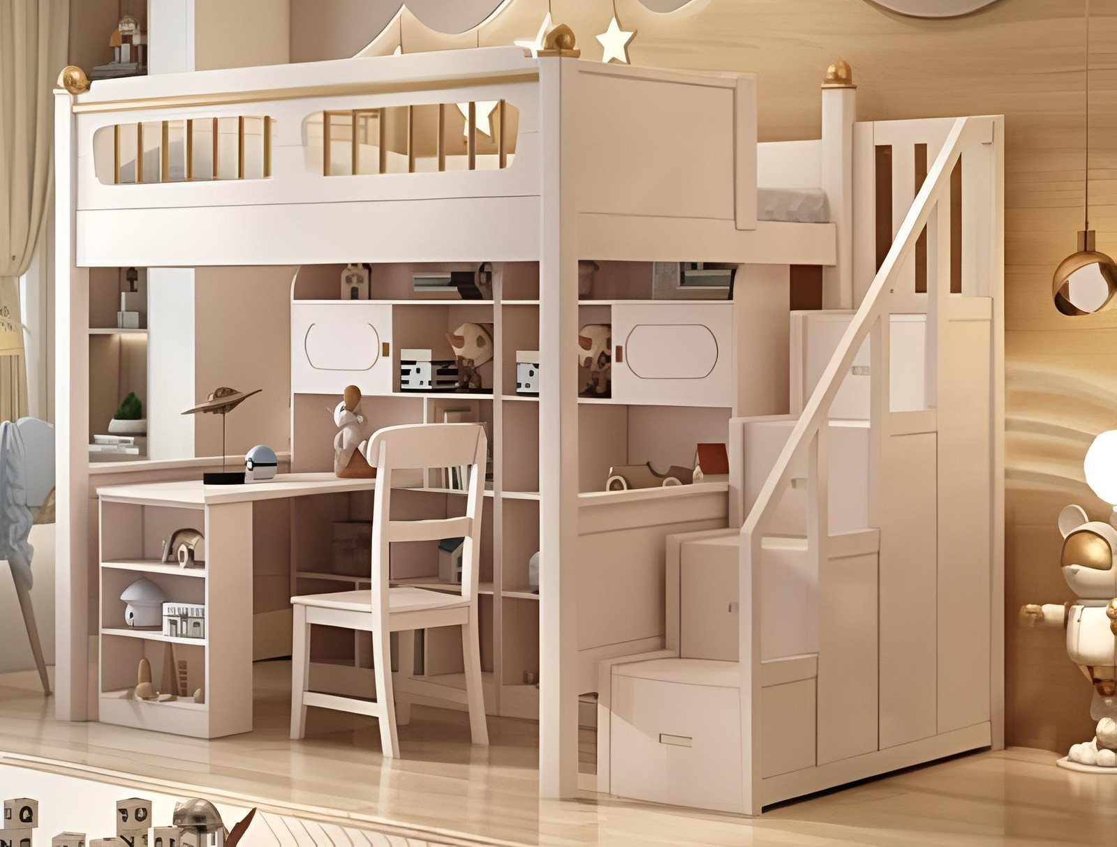 Houten stapelbed voor kinderen met bureau