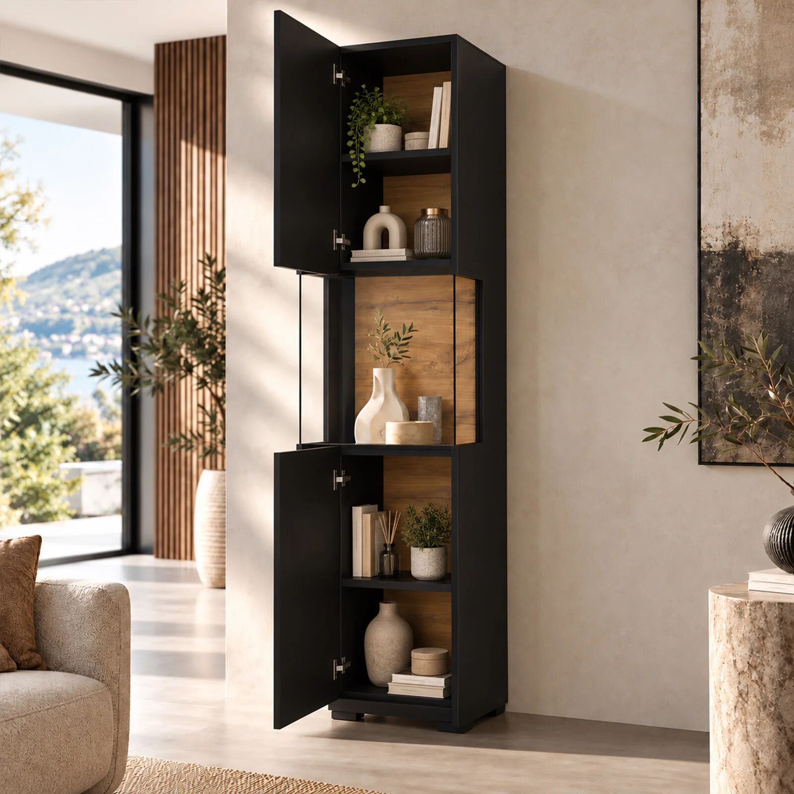 garneroarredamenti Vetrina 36x140h cm da parete nero rovere Fusion