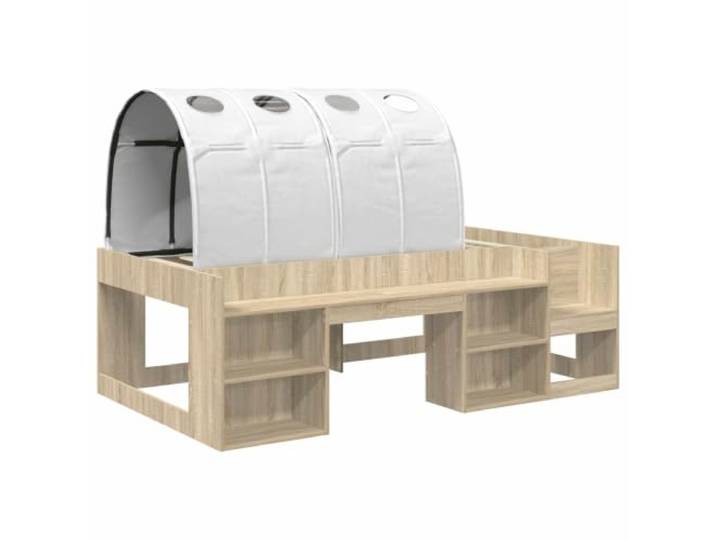 SKTQYQO Bett mit Regal, 3-teilig, Sonoma-Eiche, Weiß Struktur aus Holz, Leiter inklusive, funktionale Latten, platzsparendes Design