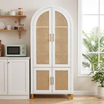 Cusp Barn "71"" Tall Arched Cabinet with Rattan Doors and Adjustable Shelves, Farmhouse Storage Cabinet with Built-in Racks for Dining Room"