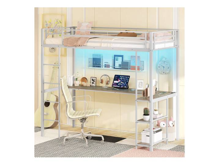 COSTWAY Bettgestell (1-tlg), Hochbett mit Schreibtisch, LED, Ladestation, 90x200cm