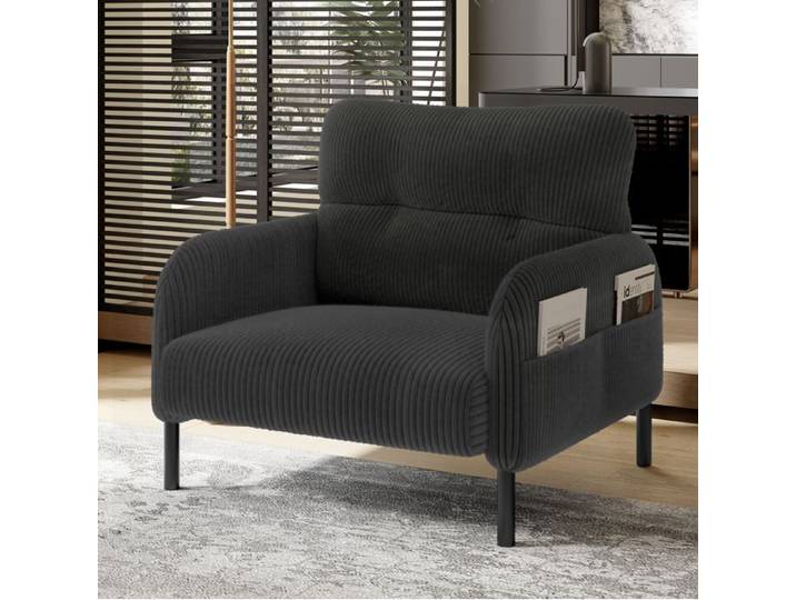 WUVRIE Fauteuil 1 place gris en tissu cotele assise profonde poches laterales structure metallique