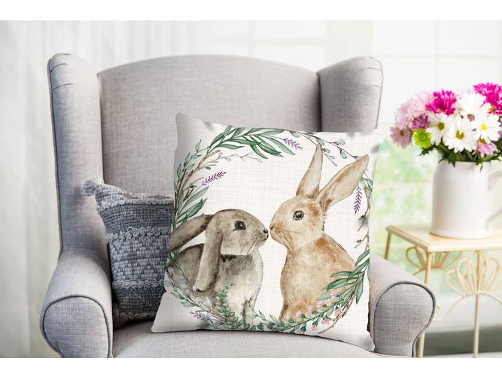 Dekokissen QUEENCE Berti , grün (grün, braun, bedruckt), B:40cm L:40cm, Polyester, Dekokissen_Sitzkissen_Kissenhüllen, Dekokissen, süßer Hase
