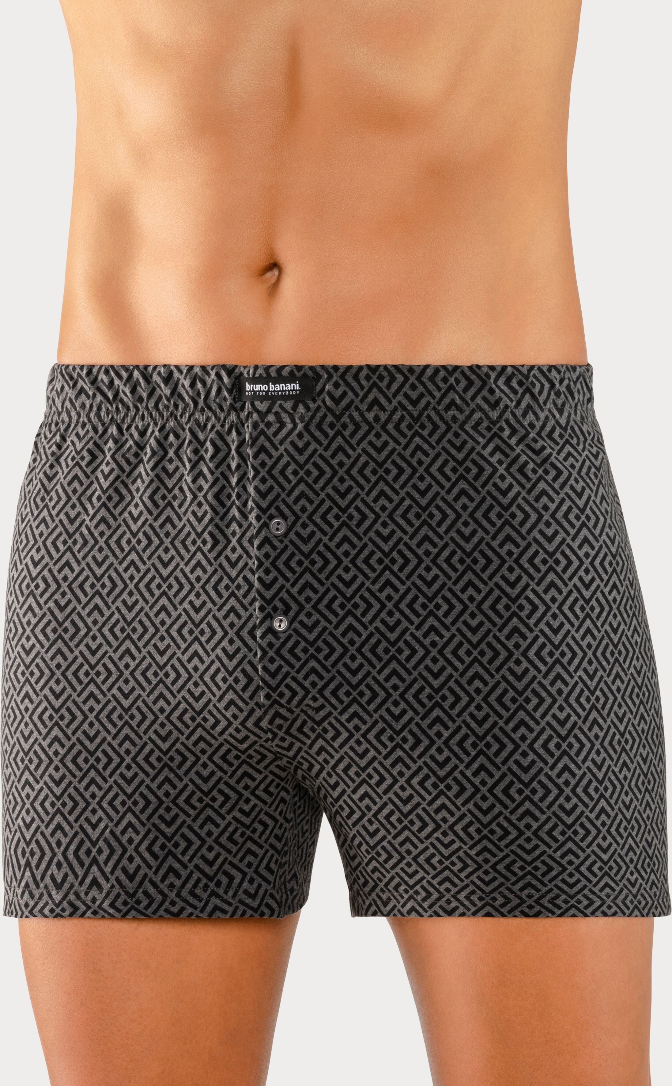 Weiter Boxer BRUNO BANANI, Herren, Gr. XL, 2 Stk., schwarz (bedruckt, schwarz), Jersey, Obermaterial: 92% Baumwolle, 8% Elasthan (LYCRA), bedruckt, unifarben, bequem, Unterhosen Weiter Boxer, in weiter Passform bedruckt, schwarz XL, 2 Stk.
