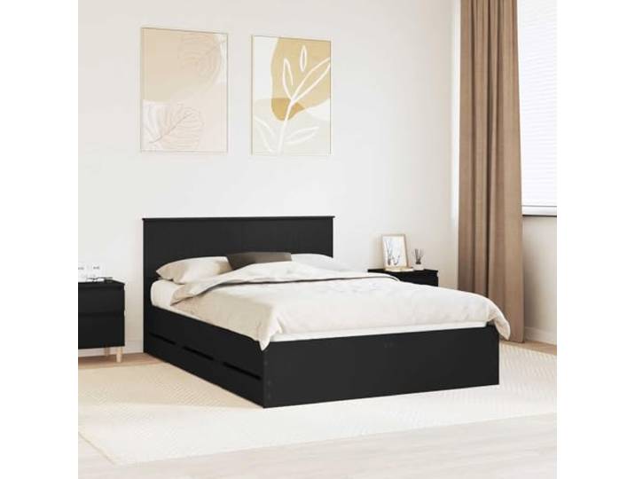 RJPLMFV Bettgestell mit Schublade, Schwarz, 140 x 190 cm, Holz Feste Holzlatten, stabile quadratische Füße, versteckte Aufbewahrung, einfache Reinigung