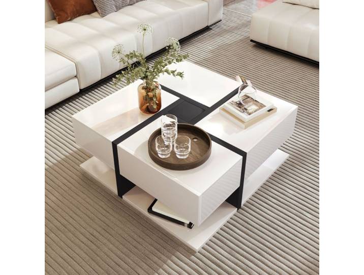 Piaenon - Table basse carrée blanc brillant 4 tiroirs design lignes colorées 78x78x36 cm