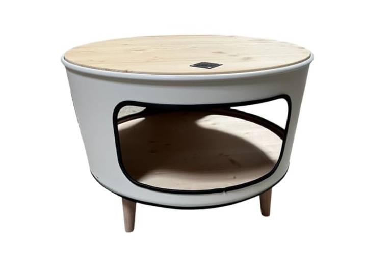 Dieser handgefertigte Fass Couchtisch, Beistelltisch TOP Handwerkskunst. Fass Farbe Weiß, mit 3 Öffnungen, Kantenschutz. Ideal für Couch in U-Form oder als Beistelltisch
