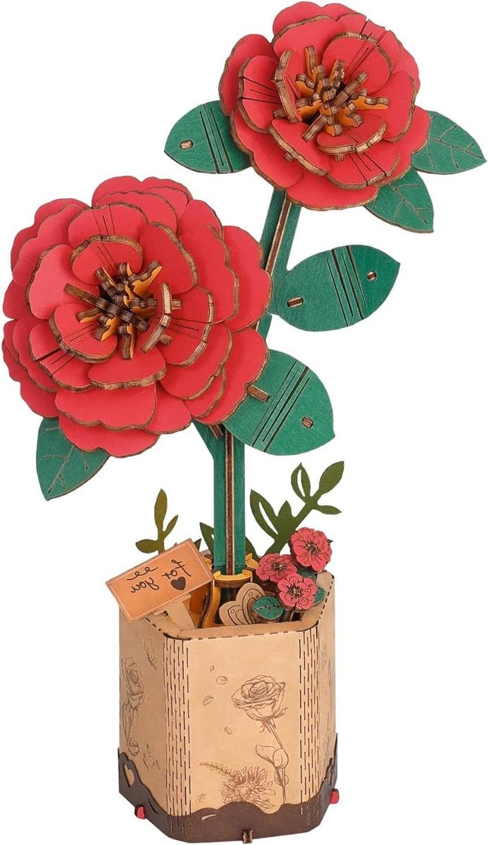 3D Puzzel Bloem Houten Ambacht Decoratie met Aanpasbare Steel - Rood - 16,5 cm