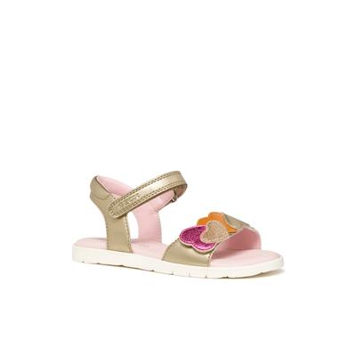 Sandale GEOX "J SANDAL JOYFOOT GIR", Mädchen, Gr. 27, Synthetik, gold (goldfarben, pink), Lederimitat, Schuhe Sandale, Sandale mit Fersenriemen, Größenschablone zum Download