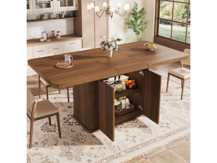 BXEYXE Multifunktionaler Esstisch mit verstecktem Stauraum, ausziehbare Tischplatte, Design mit vertikalen Reliefstreifen, 140‑180 cm, Dunkelbraune Holzoptik