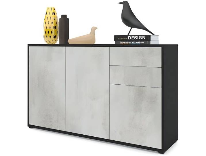 Commode Buffet Ben V3 - VLADON - Noir mat & Béton - 2 portes - 2 tiroirs