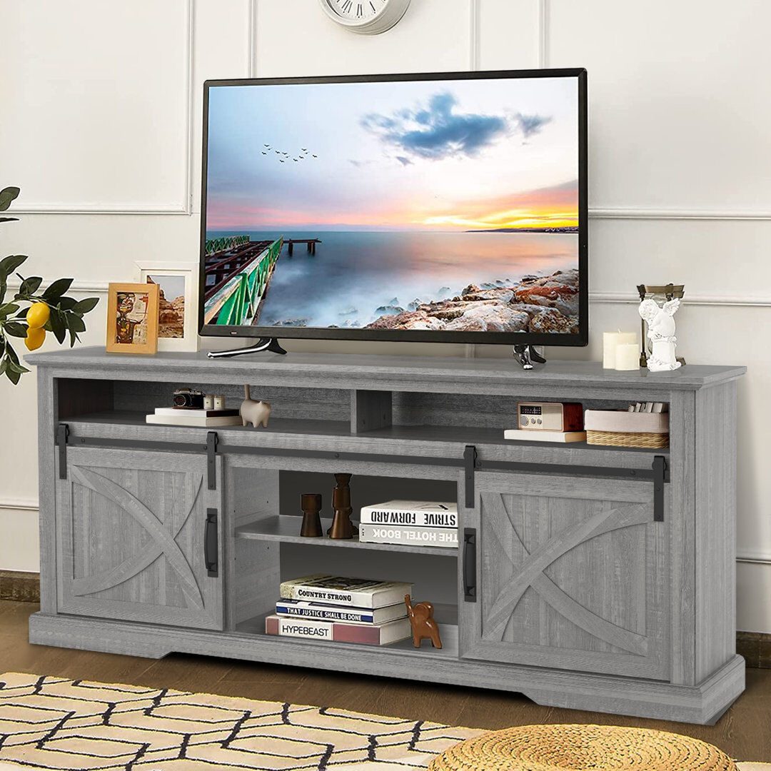 Brambly Cottage 173cm TV Stand, Rustic Farmhouse Media Unit with Sliding Barn Doors, MDF Wood Entertainment Centre for Living Room & Bedroom Grey 65"