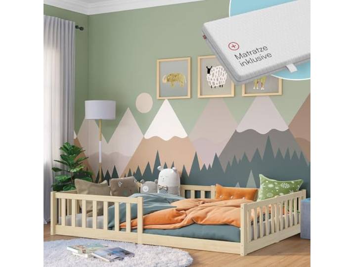 Bellabino Vere Bodenbett 140x200 cm, Massivholz Kiefer, mit Matratze, Natur Montessori Kinderbett mit Rausfallschutz & Lattenrost, Massivholzbett für Jungen & Mädchen aus Holz Kiefer, Kleinkindbett
