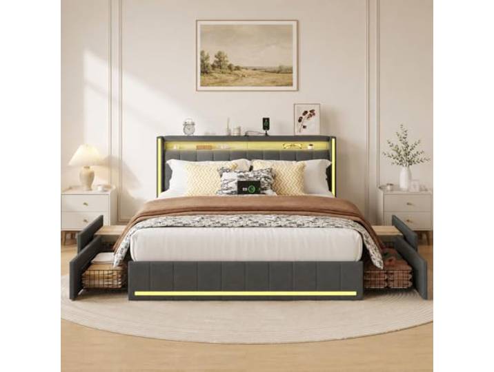 JiaOyu Polsterbett 180x200 cm mit USB-Ladefunktion & LED-Kopfteil, Stauraumbett mit 4 Schubladen, Jugendbett Doppelbett inklusive stabilem Lattenrost aus Holz, ohne Matratze (Dunkelgrau, 180x200cm)