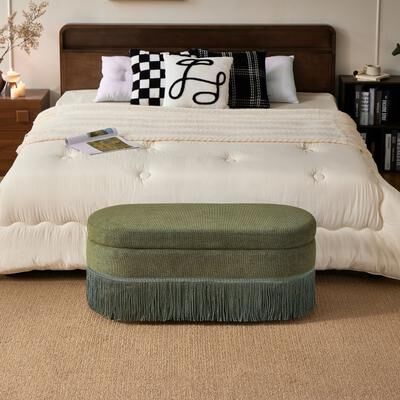 Loedds Multi-Functional聽 Oval Upholstered Storage Ottoman with Fringe Trim & Lift-Top