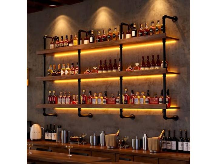 Dernoing Weinregal Wand, Industrieller Massivholz Weinpareite Display Rack, 3 Ebenen Weinflaschenhalter Wandmontage, schwebendes Barregale Wand für Zuhause, Bar Deko, Küche, Restaurant (180cm)