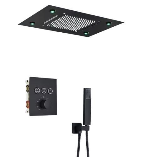 Duscharmaturenset, an der Decke montiertes LED-Regendusch- und Wasserfall-System, Fernbedienung, schwarz, Komplettset B