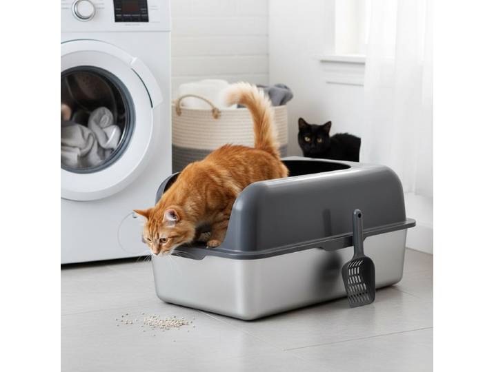 Bac à litière pour chat profond de 152,4 mm, extra large, en acier inoxydable, avec pelle, repose-pieds filtrant, côtés hauts
