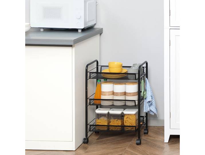 HOMCOM Chariot Roulant Noir 3 Niveaux 45x26.5x63cm
