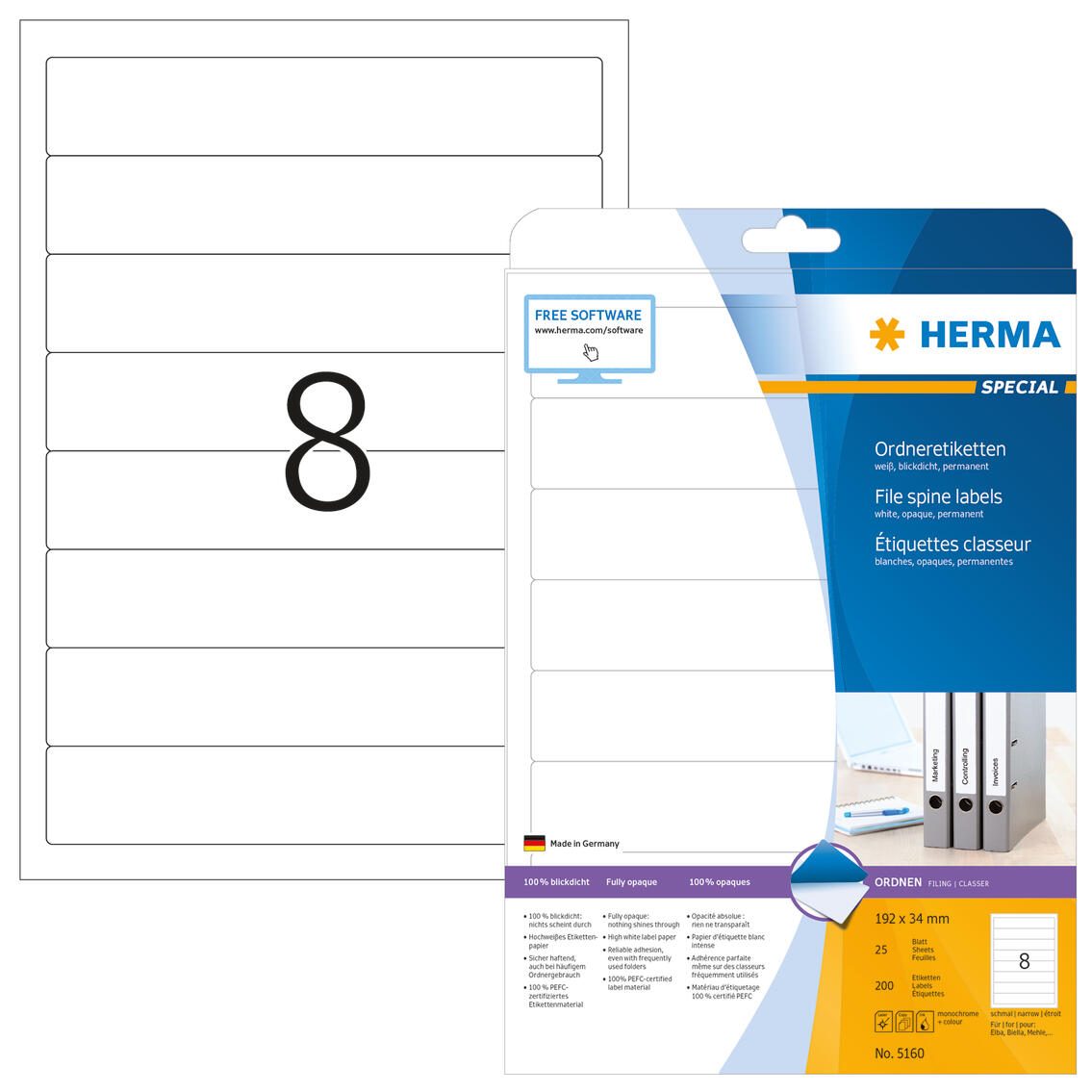 HERMA Ordneretiketten 34,0 x 192,0 mm weiß 5160