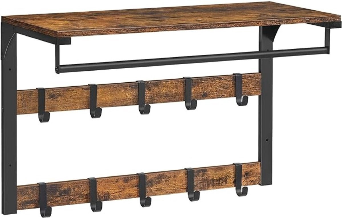Wandkapstok met opbergplank en 10 verstelbare haken in industriële look