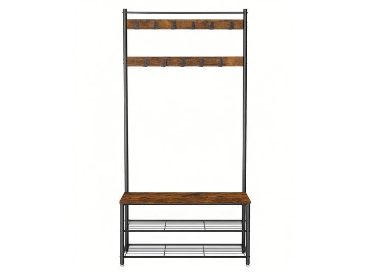 JOYFURNOS Portemanteau d’entrée avec banc de rangement à chaussures, 32 x 85 x 175 cm, Industriel, Marron rustique et noir