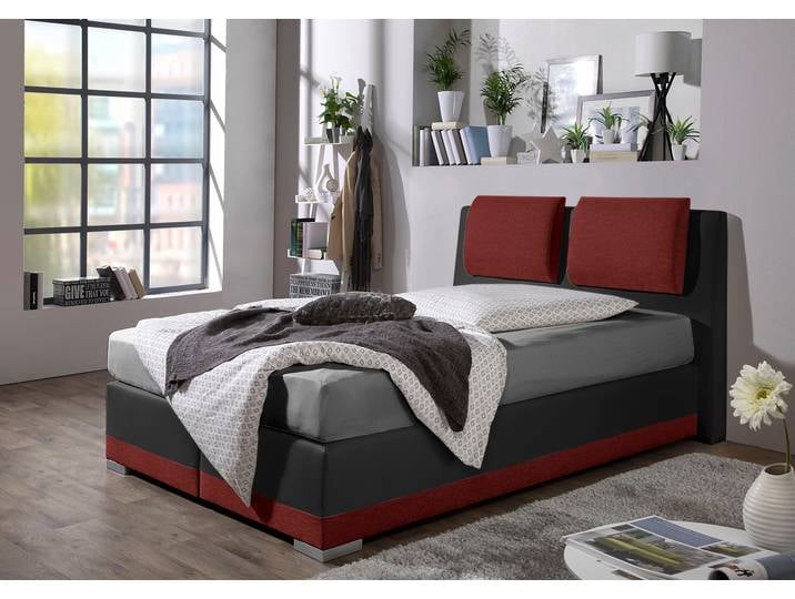 Boxspringbett, Strukturstoff, Rot & Schwarz, 212×212 cm, Verstellbare Kopfstütze, Maintal