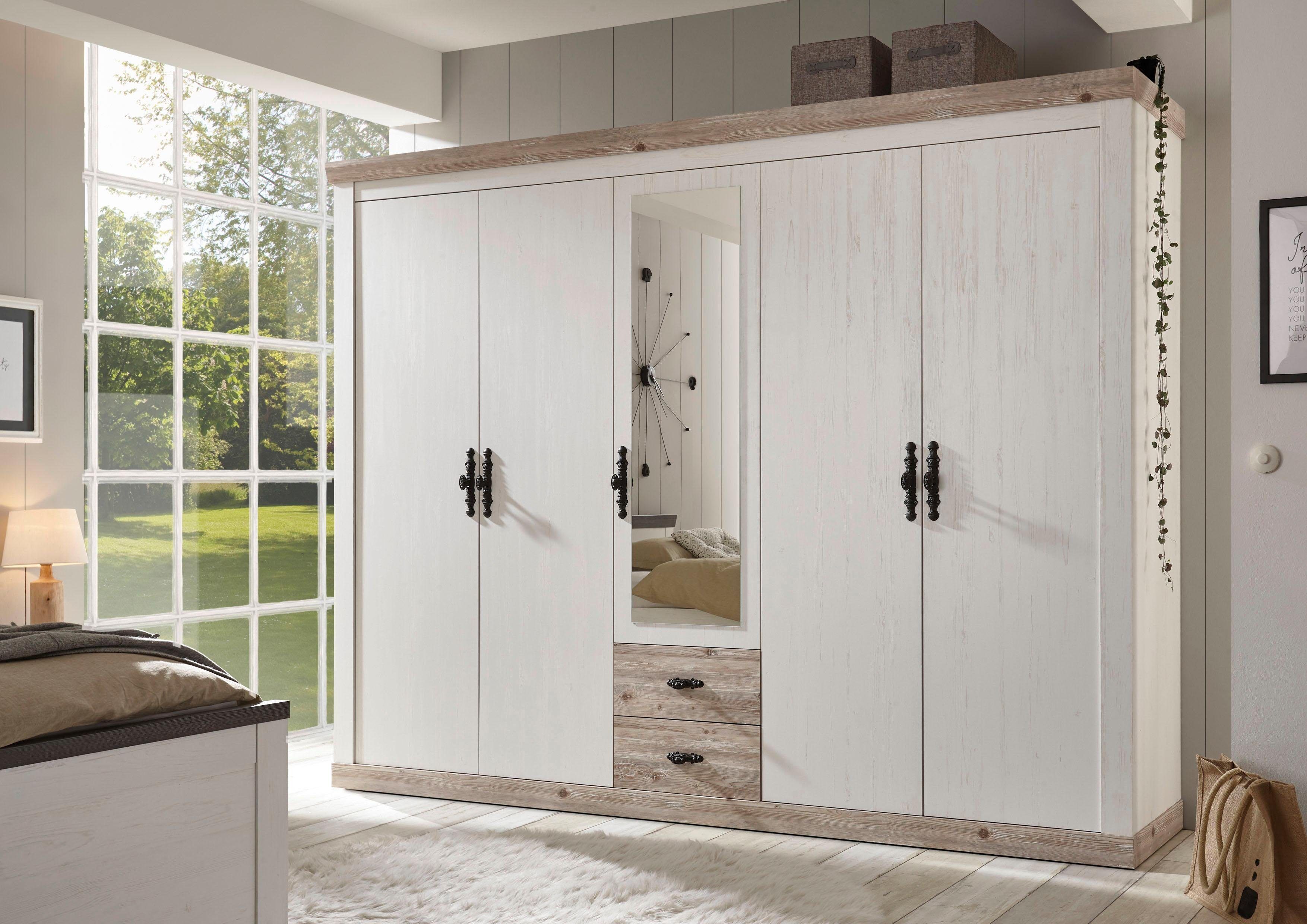 Drehtürenschrank HOME AFFAIRE "Florenz Landhausschrank,rustikale Metallgriffe mit feinen Verzierungen", weiss (weiß, pinie), B:265cm H:201cm T:60cm, Holzwerkstoff, Schränke, Drehtürenschrank, Kleiderschrank mit Spiegel Schlafzimmerschrank BESTSELLER Garde