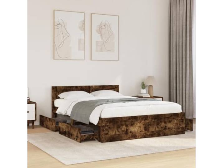 RJPLMFV Bettgestell, 120 x 190 cm, Raucheiche, ohne Matratze Langlebiges Holz, Lattenrost inklusive, mit Schubladen, integriertes Kopfteil