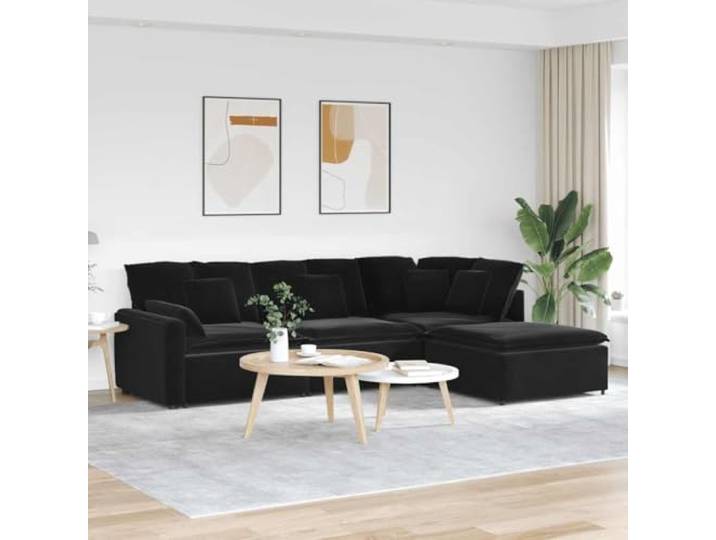 HKQWPBF Modulares Sofa mit Fußhocker Samt Schwarz 4-teilig Metallrahmen, Holzarmlehnen, Schaumstofffüllung, Textilene-Sitzflächen, flexible Anordnung