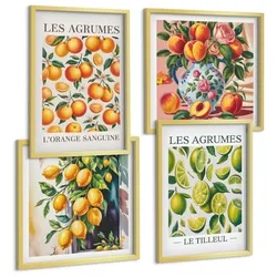 BILDER SET 4er Set - 50x50 cm & 40x60 cm Goldrahmen - Frische, farbenfrohe Zitrusfrüchte