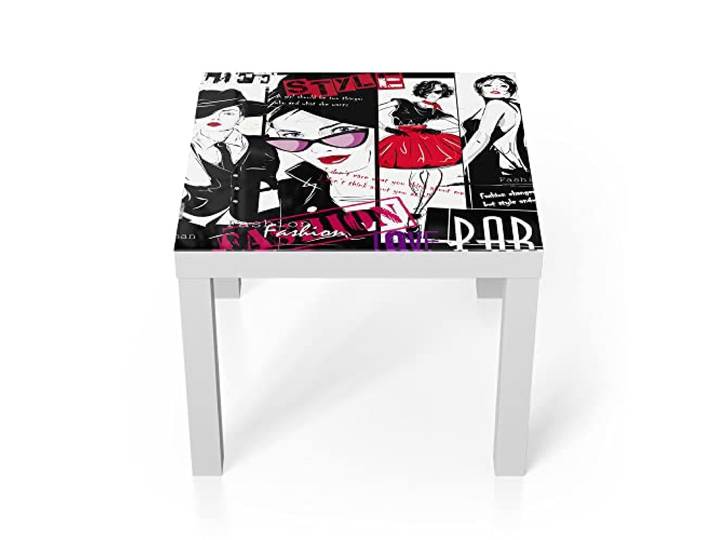 DEQORI Glastisch weiß klein 55x55 cm Motiv Mannequin Zeichnungen ausgefallener Beistelltisch aus Glas Hochglanz Couchtisch fürs Wohnzimmer moderner Couch Tisch mit Design