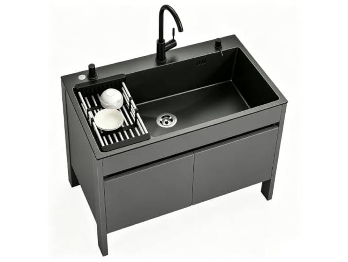 Freistehende Edelstahl Küchenspüle mit Unterschrank Industrielle Spüle mit nklusive Warm-/Kaltwasserhahn, Abtropfkorb für Restaurant, Outdoor, Garten