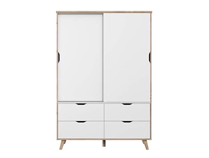 FORTE VANKKA Schrank 140 Kleiderschrank Schiebetüren Skandinavischer Stil 2-türig mit 4 Schubladen Schlaf- oder Kinderzimmer Holzdekor: Eiche mit Weiß 139 cm breit x 201.5 cm hoch x 53 cm tief