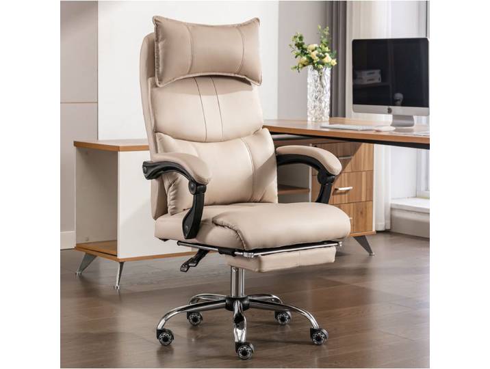 WUVRIE Fauteuil de bureau ergonomique beige tissu technique repose-pieds hauteur réglable pivotant 360°