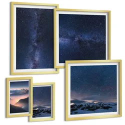 BILDER SET 5er Set - 50x50 cm & 20x30 cm & 40x60 cm Goldrahmen - Spiegelung der Felsen in Bergseen