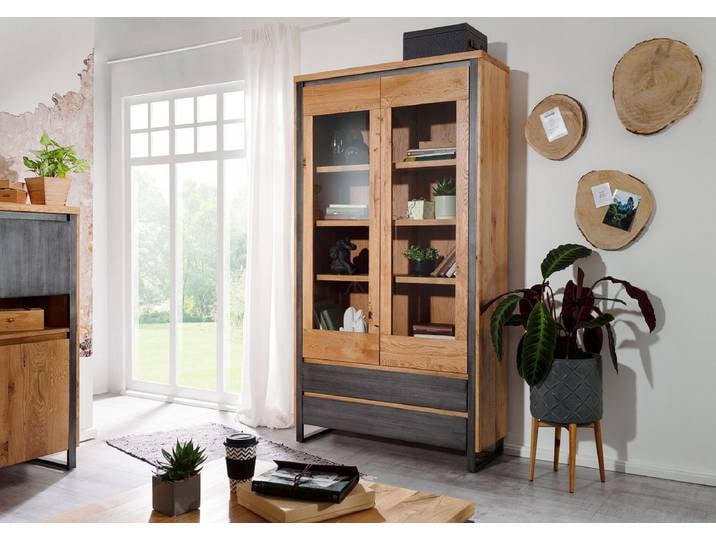Vitrine 110x204cm 'Taipeh' Wildeiche & Metall gebürstet