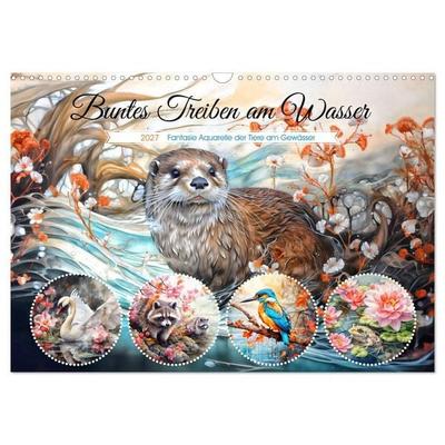 Buntes Treiben am Wasser - Fantasie Aquarelle der Tiere am Gewässer (Wandkalender 2027 DIN A3 quer), CALVENDO Monatskalender