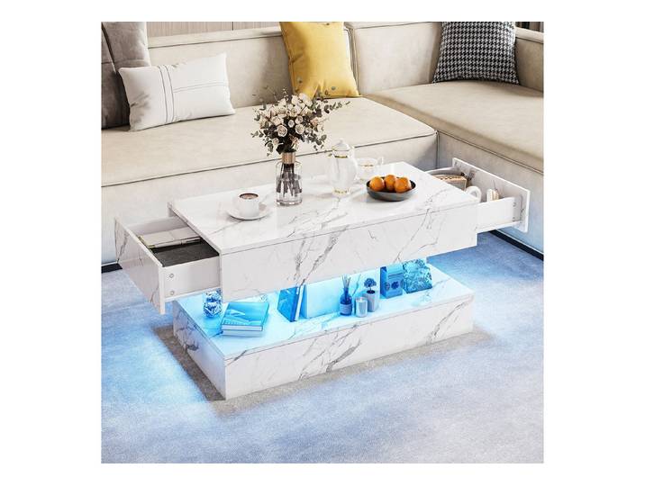 ADWOLT Couchtisch Beistelltisch mit LED Beleuchtung und Fernsteuerung (Set, 1-St., Bluetooth-Fernbedienung.App-Steuerung), Sofatisch mit 2 Schubladen,Weiß