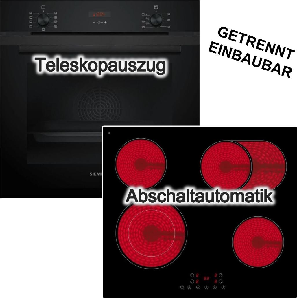 Herdset Siemens Backofen Schwarz 3D Heißluft Teleskopauszug EcoClean+ PKM Glaskeramik Kochfeld Bräterzone Rahmenlos autark