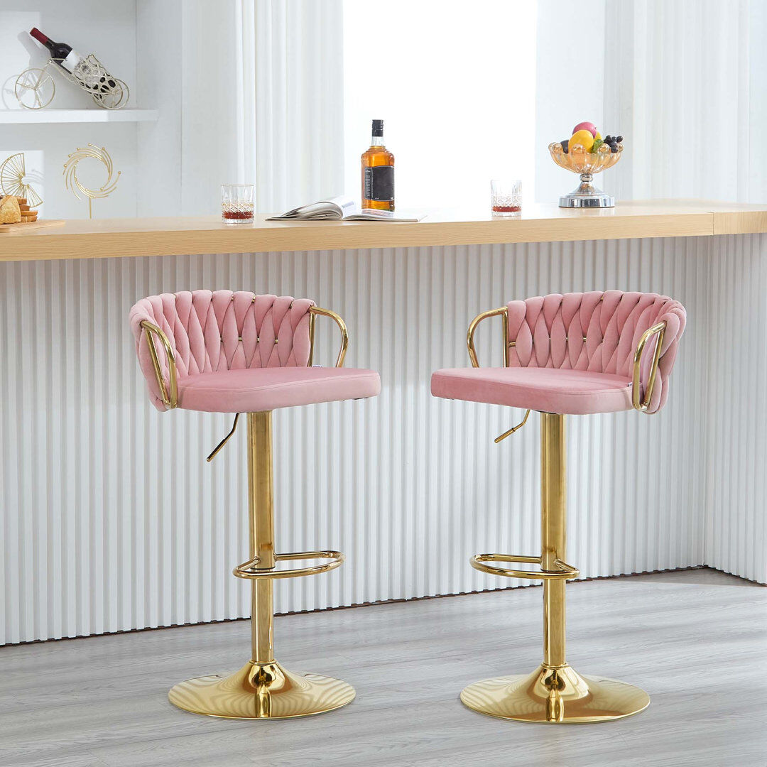 Canora Grey Bar Stool, Breakfast Bar Stool, Velvet Kitchen Stool, Island Counter Stool Height Adjustable, 360° Swivel Stool, with Metal Base and Footrest Pink 4