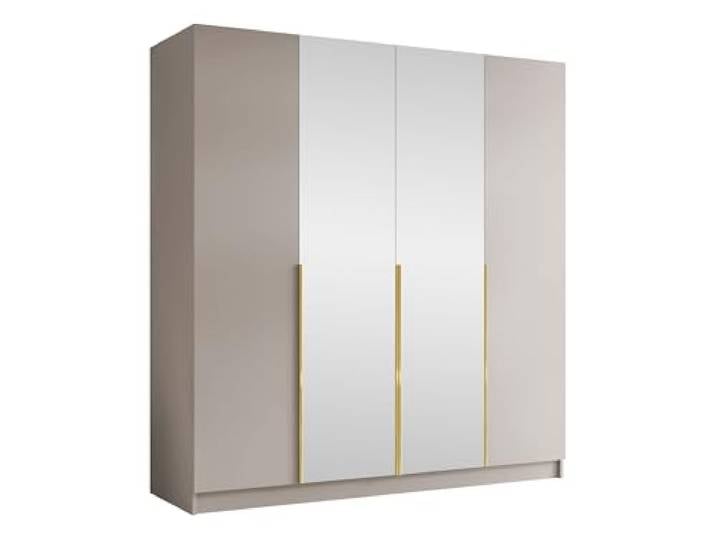 Mirjan24 Kleiderschrank mit Spiegel, Einlegeböden und Kleiderstange Salkor II, Vielseitiger Drehtürenschrank, Elegantes Kleiderschrank 4-türig (Cashmere/Cashmere + Gold)