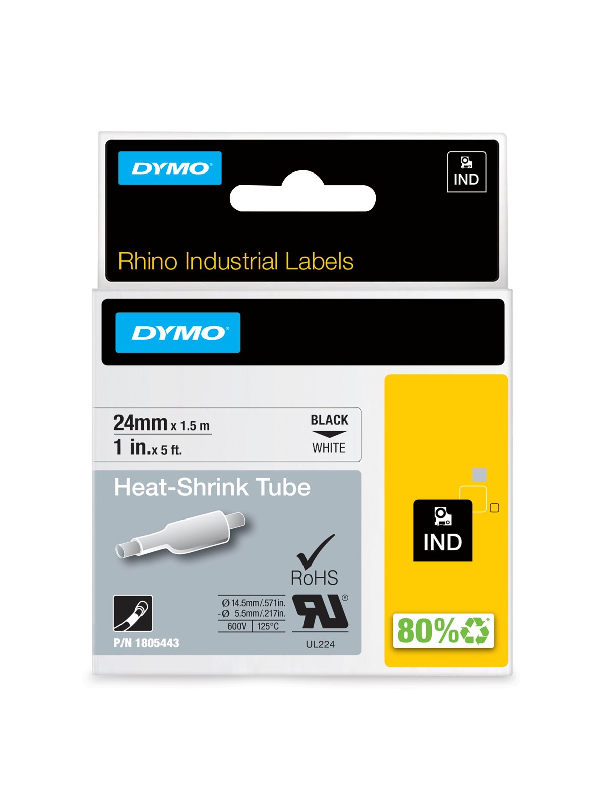 DYMO Rhino Industrie Schrumpfschlauch-Kabeletiketten | 24 mm x 1,5 m | schwarze Schrift auf weißem Untergrund