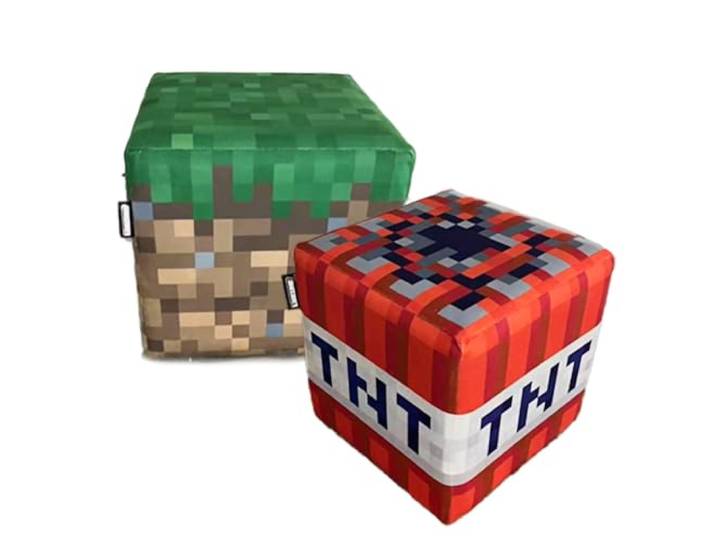 Minecraft - Sitzhocker im 2er Set, gepolstert, Grasblock und TNT Würfel