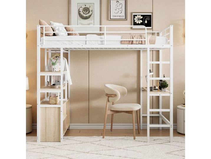 Lit mezzanine avec bureau 90x200 métal blanc lit avec rangements et prises USB lit mezzanine ado gain de place