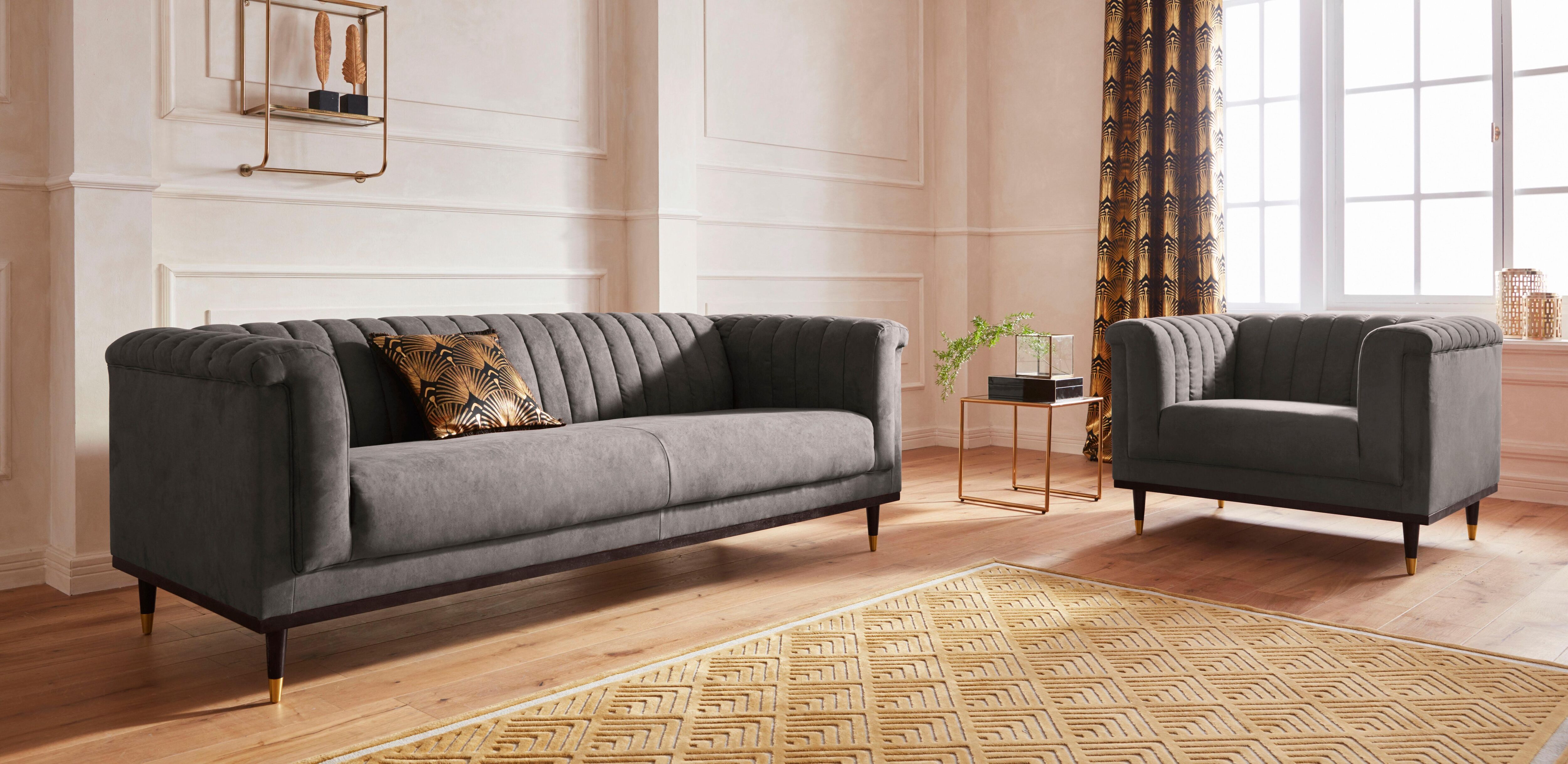 3-Sitzer HOME AFFAIRE "Chamby", grau (anthrazit), B:210cm H:71cm T:85cm, Luxus-Microfaser Lederoptik (100% Polyester), Scheuertouren: 40.000, Pilling: 4;Samtoptik (100% Polyester), Scheuertouren >100.000, Pilling: 5, Sofas, 3-Sitzer, mit Holzrahmen unten 