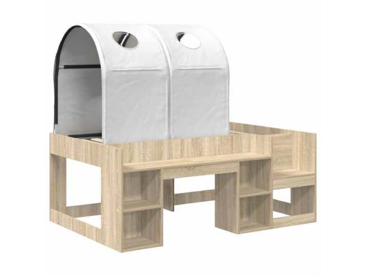 KTHLBRH Bett mit Regal, 3-teilig, Sonoma-Eiche und Weiß Technisches Holz, Latten aus Holz, max. 120 kg, einfache Montage, Verwendung im Innenbereich