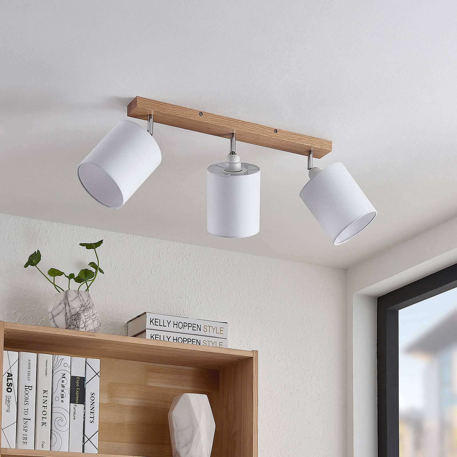 Lindby Imarin ceiling spotlight, 56 cm, 3-bulb, white, wood Lindby, dimmable, Light wood, Living / Dining Room, Wood, Scandinavian, Ceiling Light