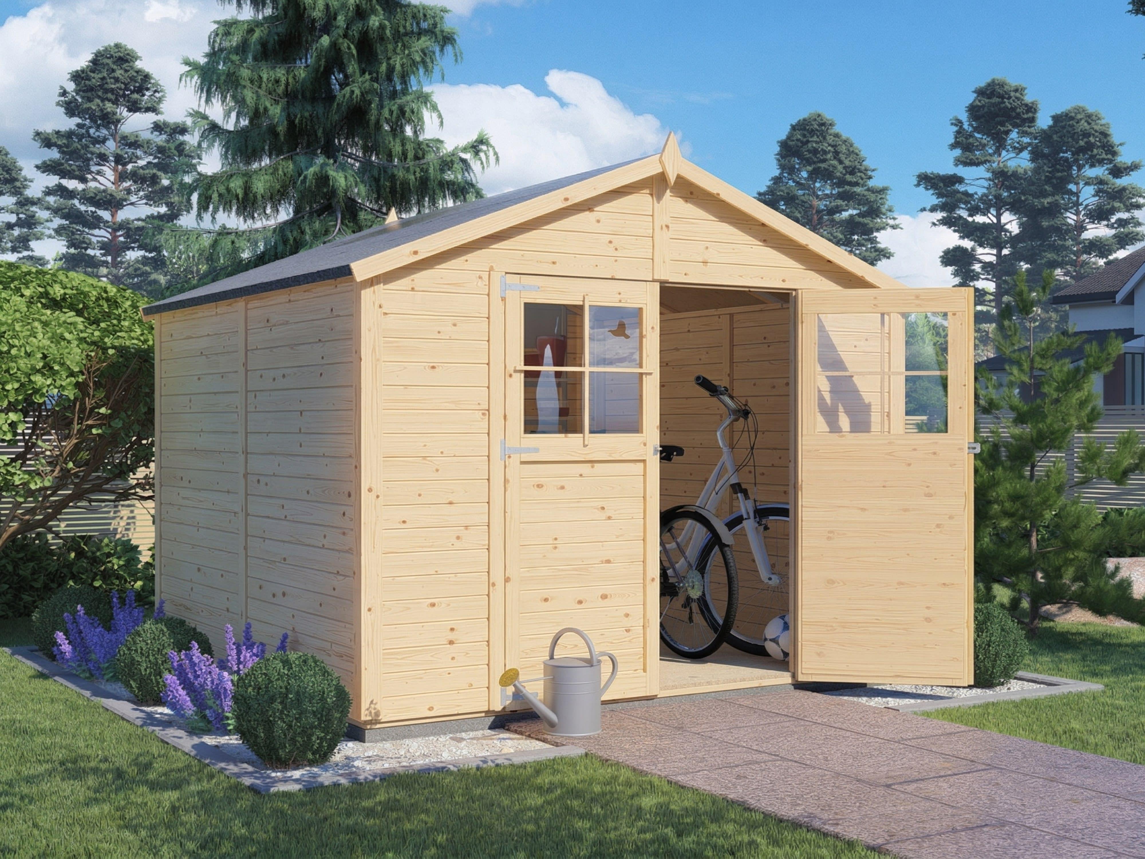 WOODTEX Naturbelassen 245 x 238 cm Gartenhaus Osterfeld 4, 19 mm Wandstärke Fichtenholz Gerätehaus, Satteldach Mit Doppeltür, Stauraum Für Fahrräder Und Gartengeräte, Inklusive Fußboden