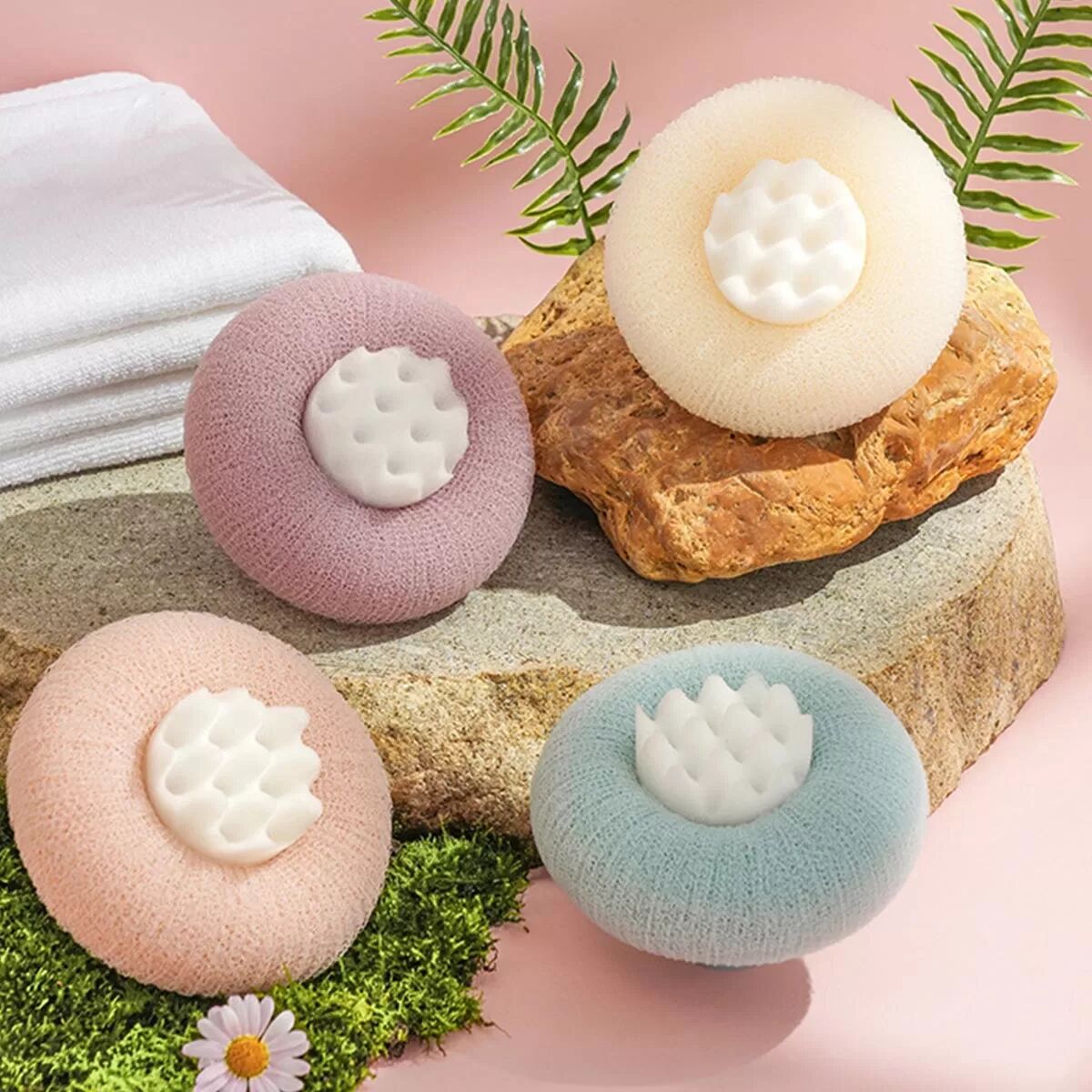 INF Sonnenblumen-Badeschwamm mit Saugnapf: Peeling-Honigwaben-Duschball für Damen Weiß+Rosa